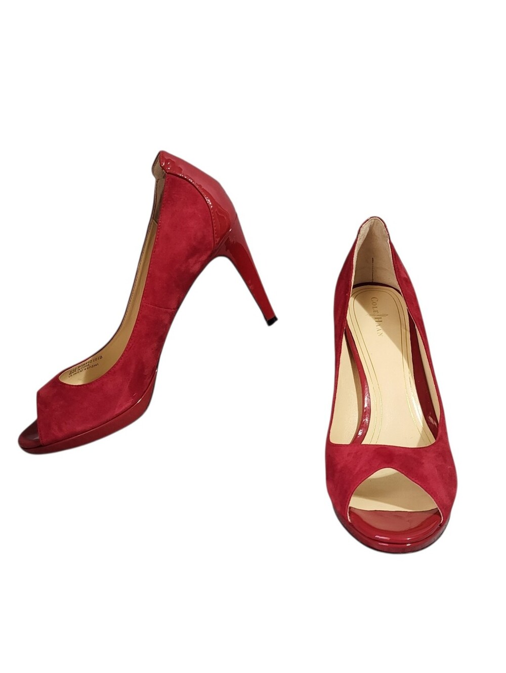 Cole Haan Air Open Toe Pumps Stiletto Heels SZ 10.5 M Red Suede Patent Leather